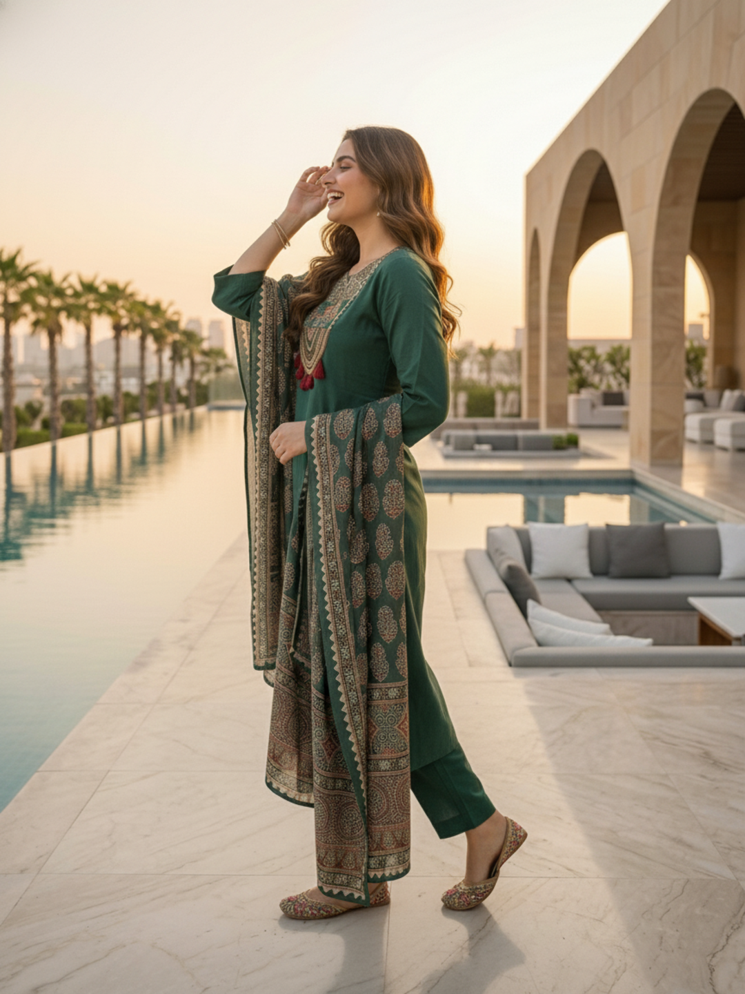Green Ethnic Embroidered Solid Straight Kurta with Pant & Printed Dupatta
