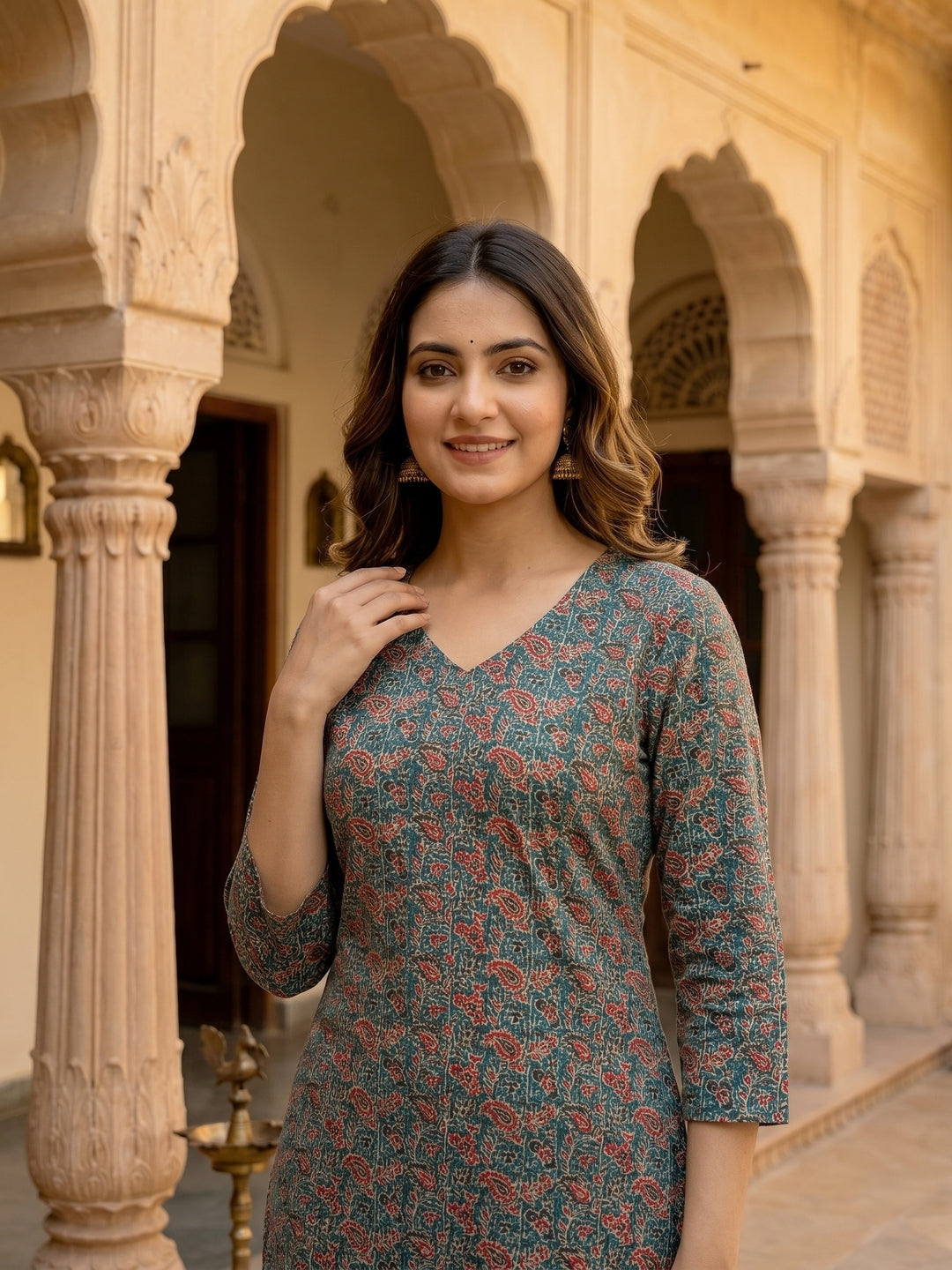 Teal Ajrakh-Inspired Jaal Printed Straight Kurta with Palazzo