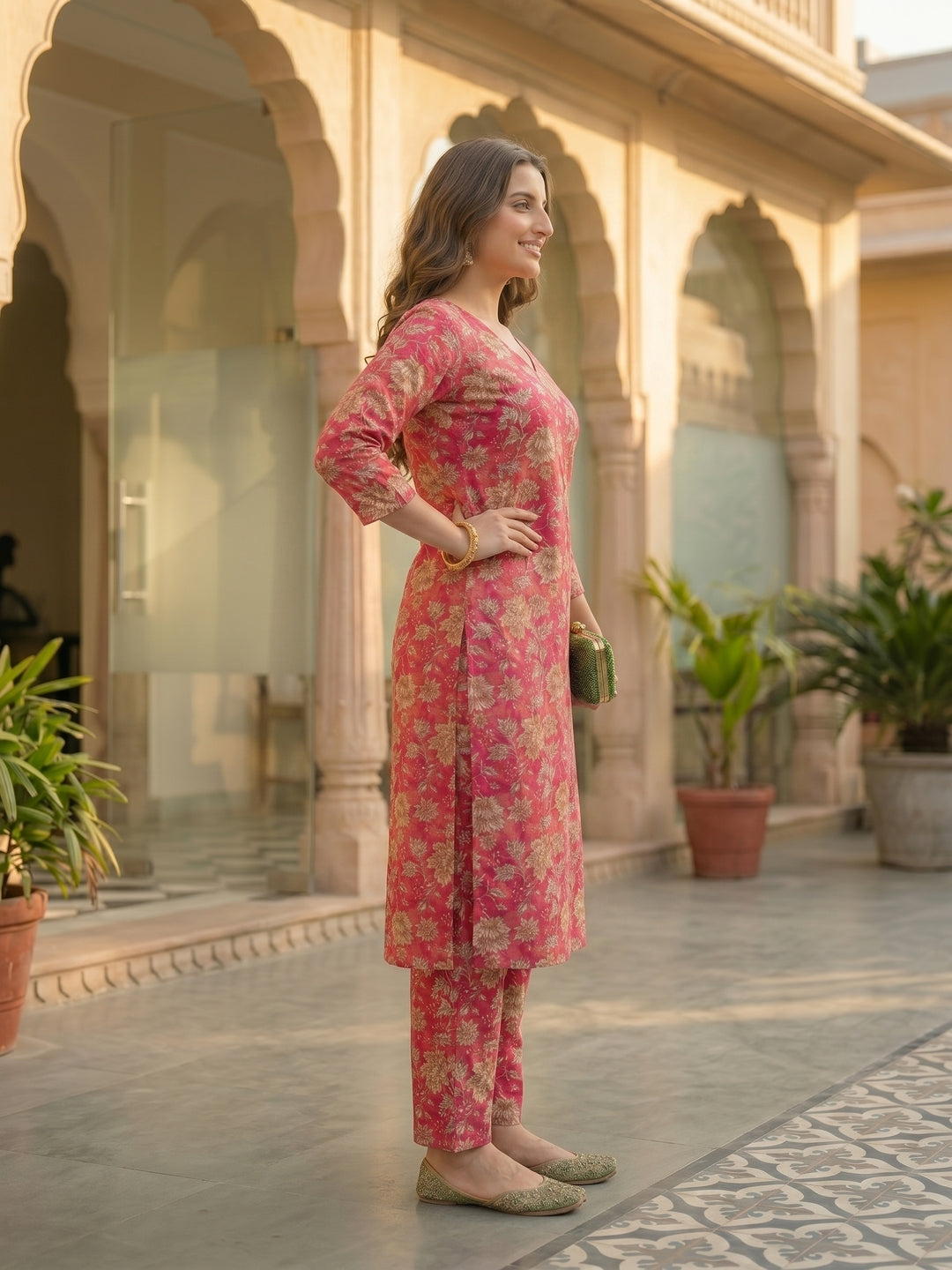 Pink Floral Printed Straight Kurta with Palazzo