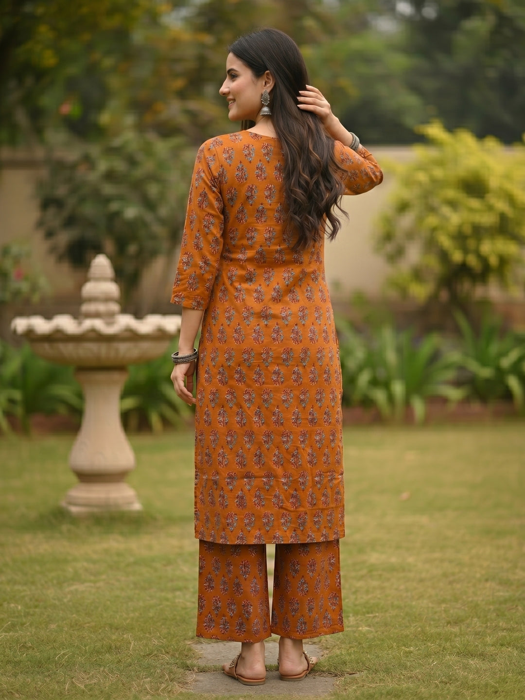 Rust Orange Floral Buta Printed Straight Kurta Set with Straight Pant