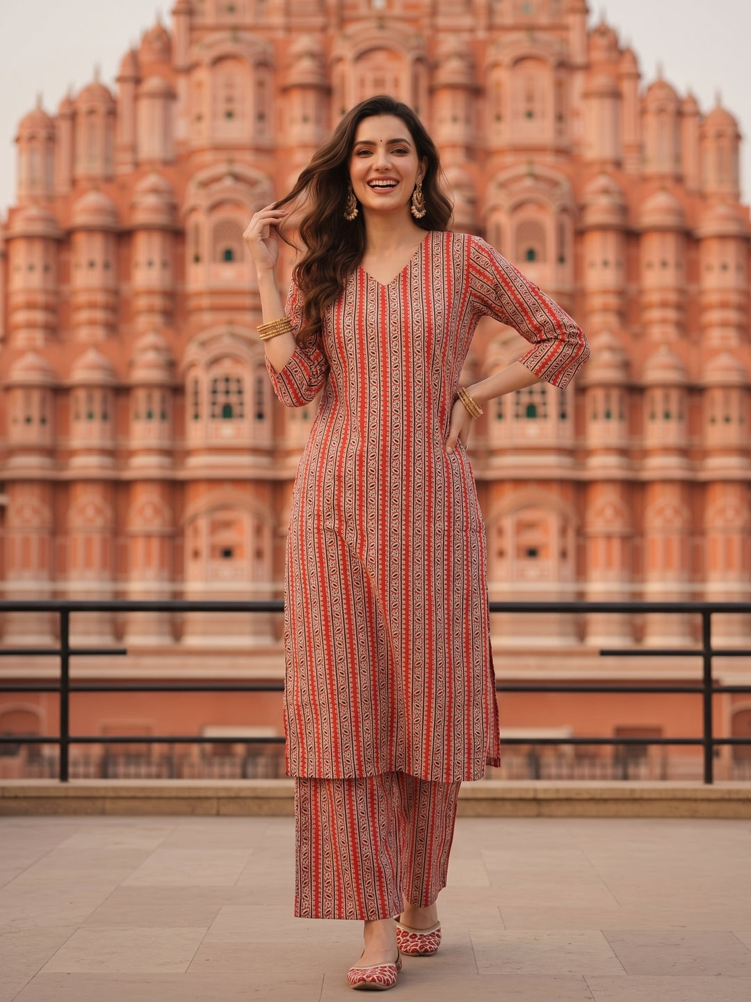Peach Ethnic Border Printed Straight Kurta with Palazzo