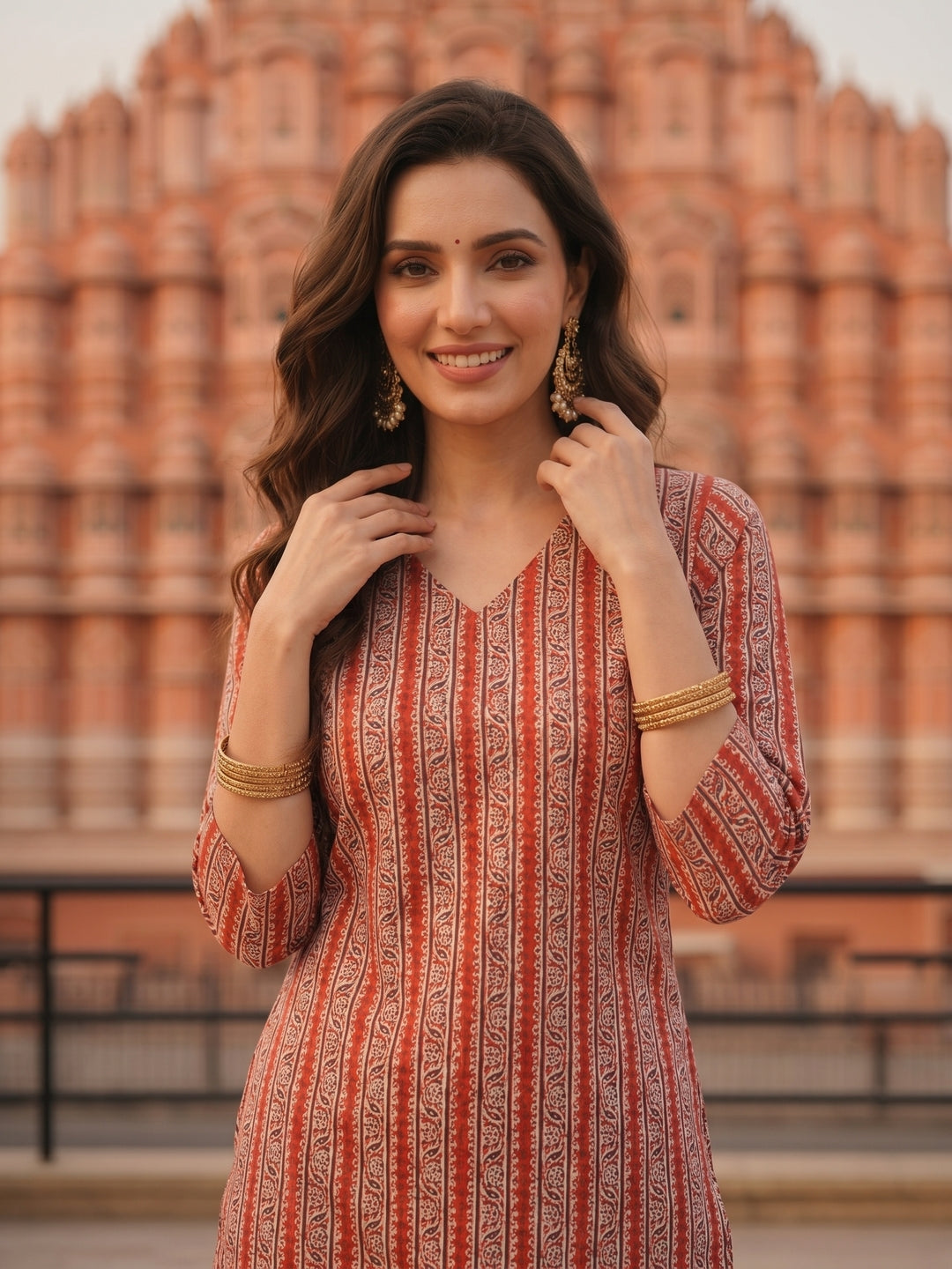 Peach Ethnic Border Printed Straight Kurta with Palazzo