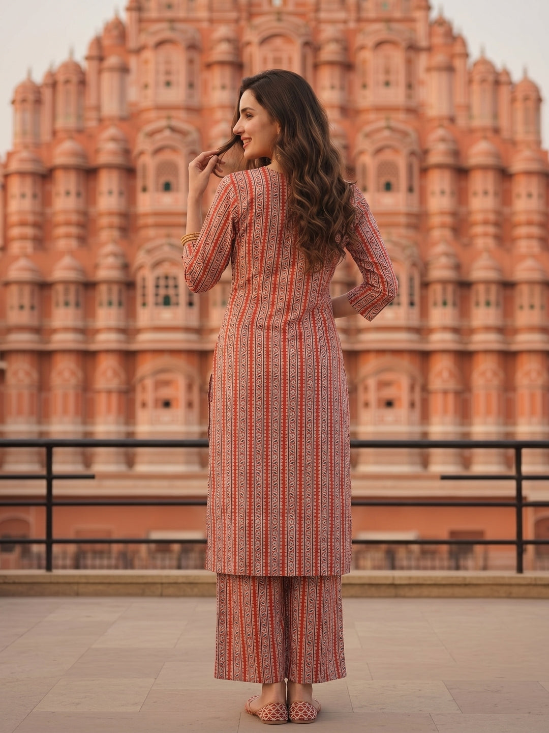 Peach Ethnic Border Printed Straight Kurta with Palazzo