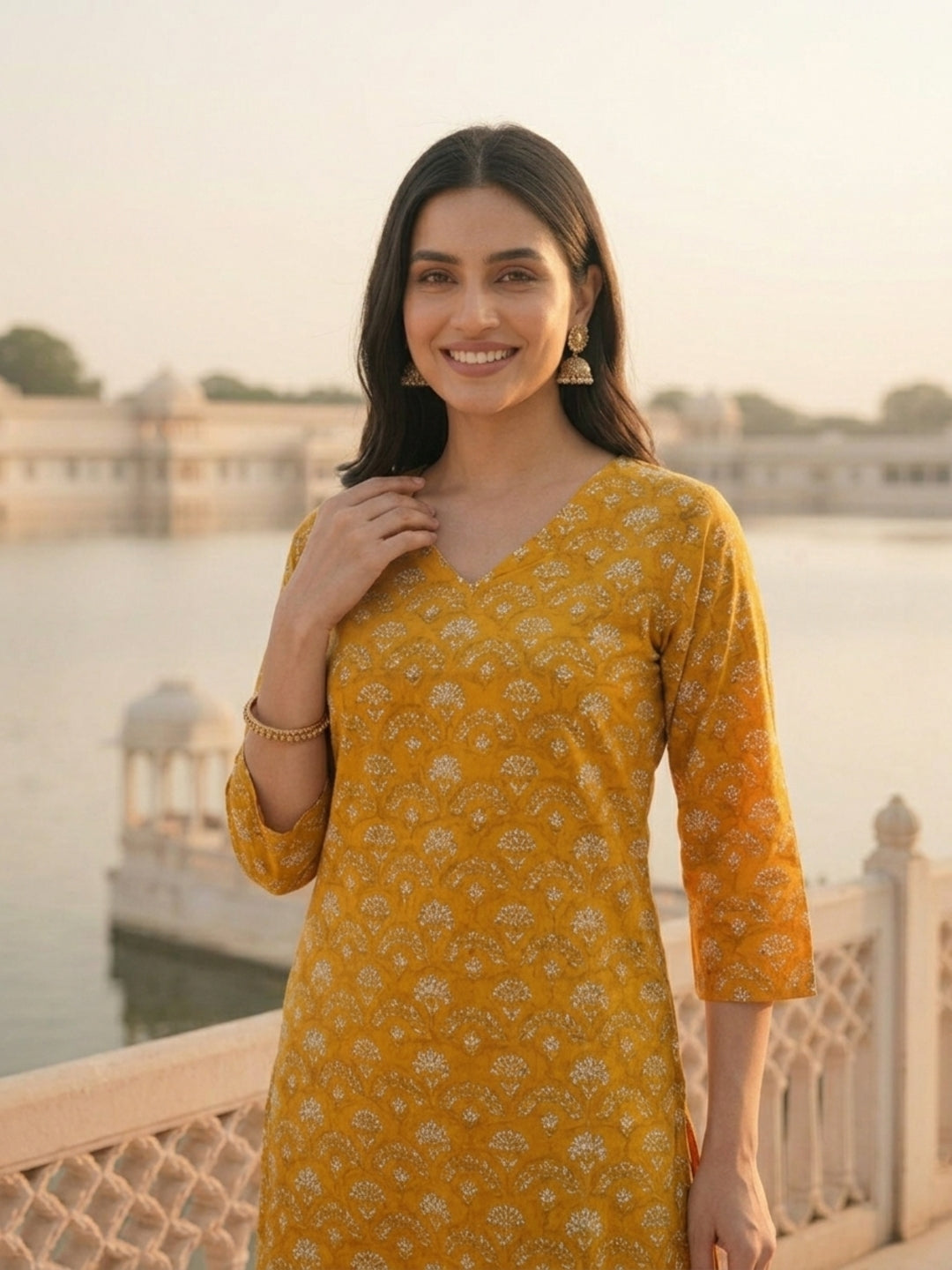 Jharokha Print Straight Kurta with Palazzo - Mustard