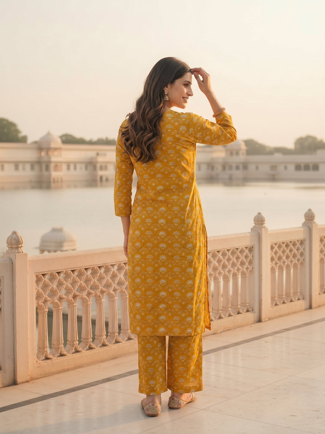 Jharokha Print Straight Kurta with Palazzo - Mustard
