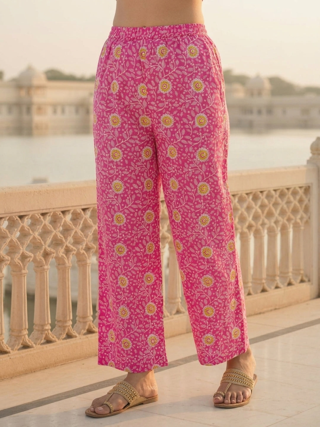 Pink Floral Printed Straight Kurta with Palazzo
