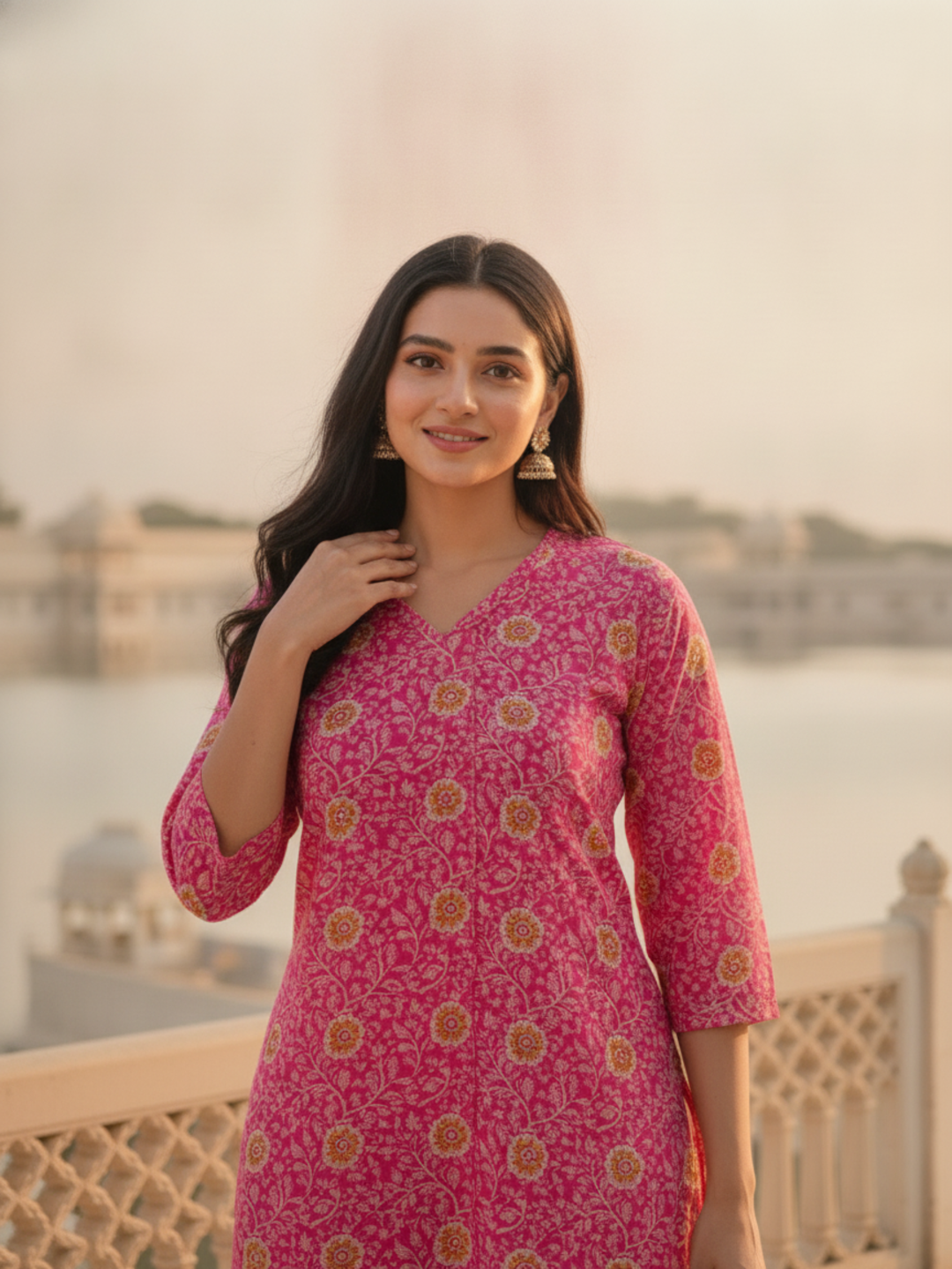 Pink Floral Printed Straight Kurta with Palazzo