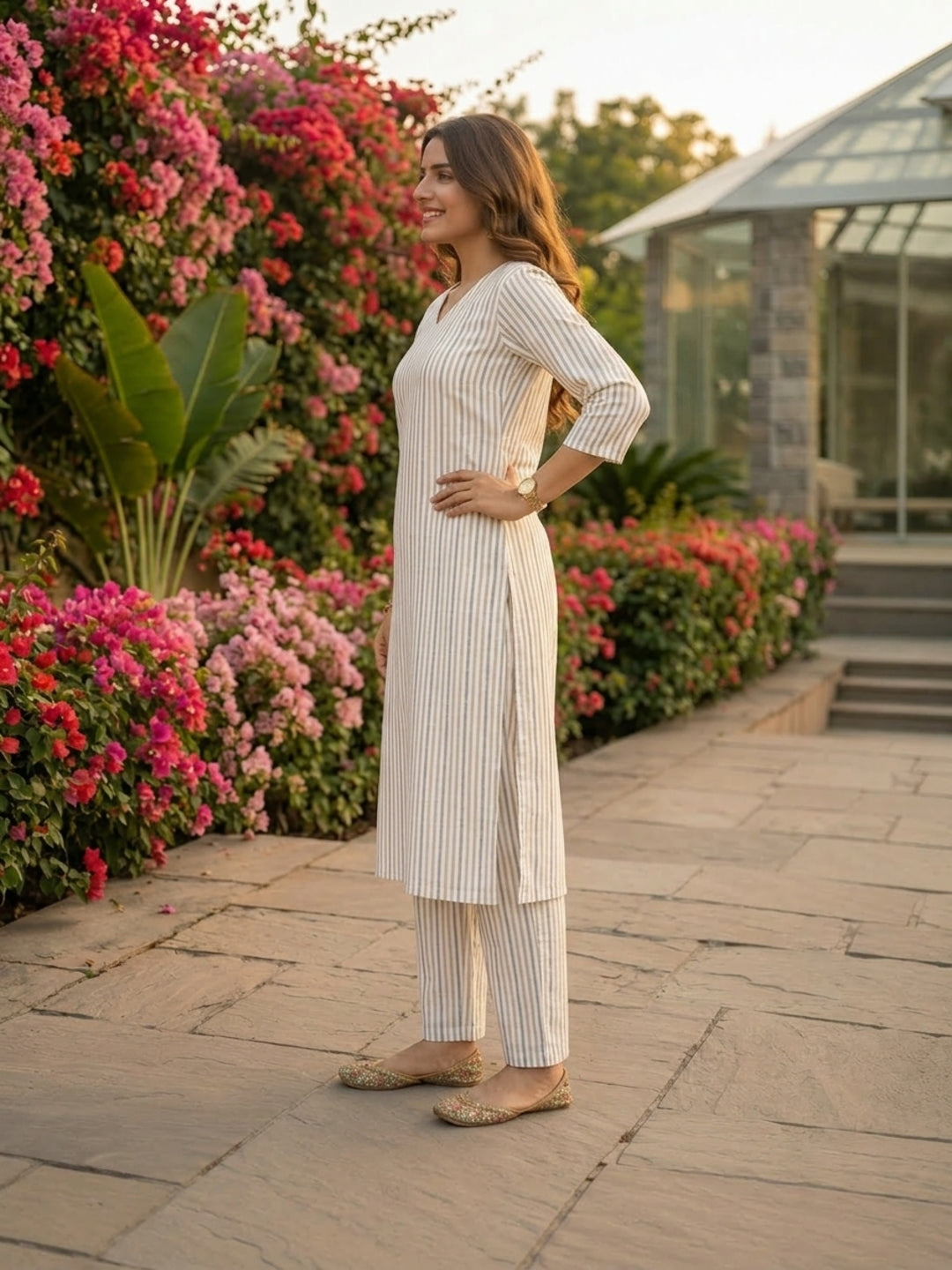 Grey Yarn-Dyed Striped Straight Kurta with Palazzo