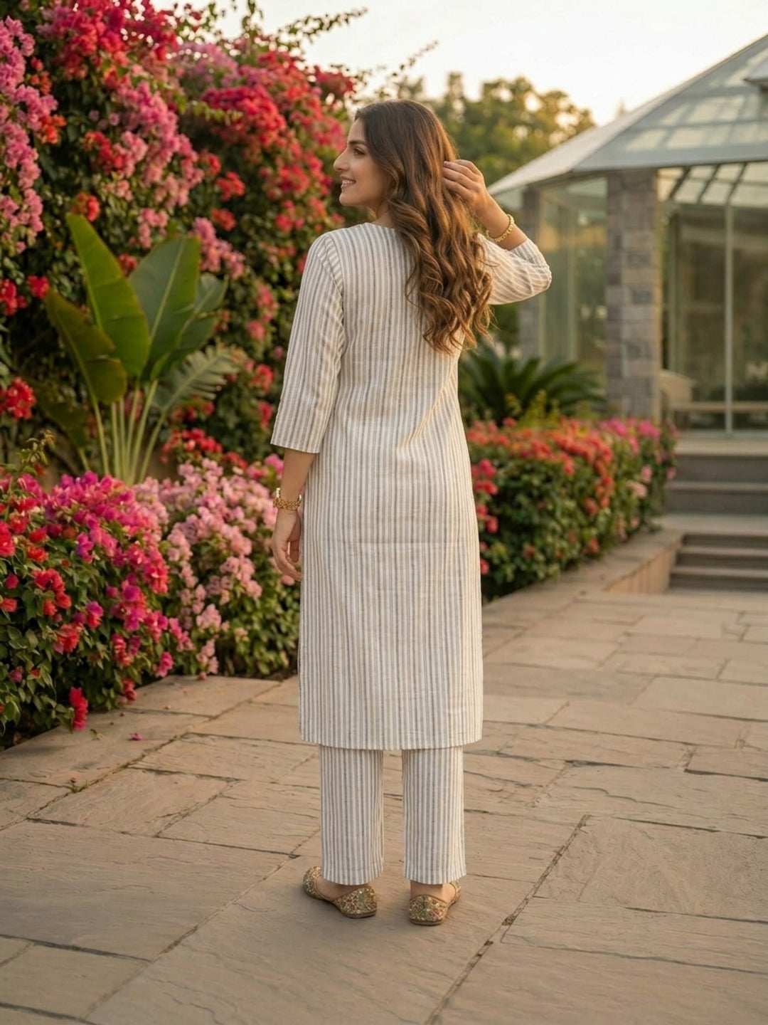 Grey Yarn-Dyed Striped Straight Kurta with Palazzo