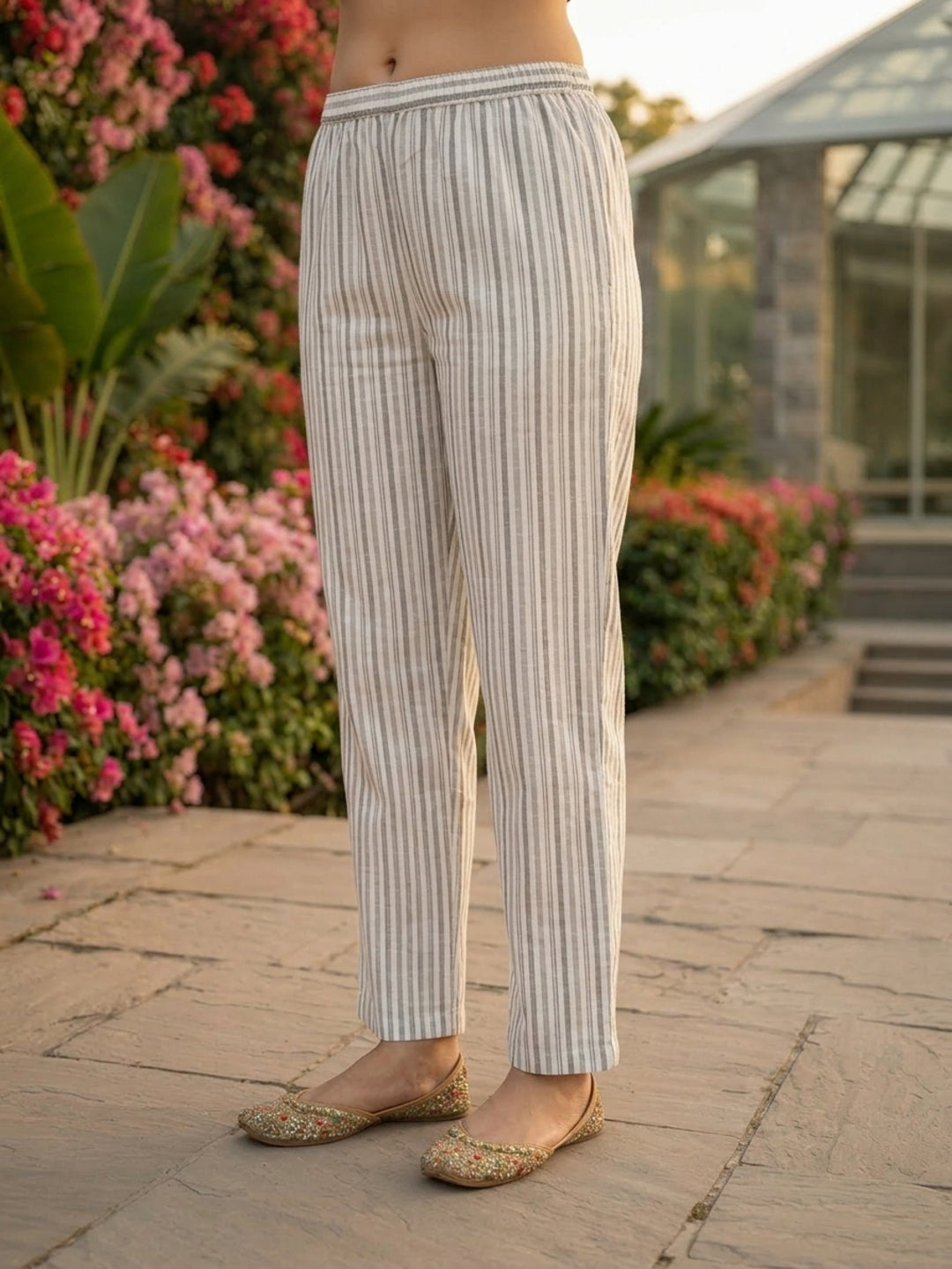 Grey Yarn-Dyed Striped Straight Kurta with Palazzo