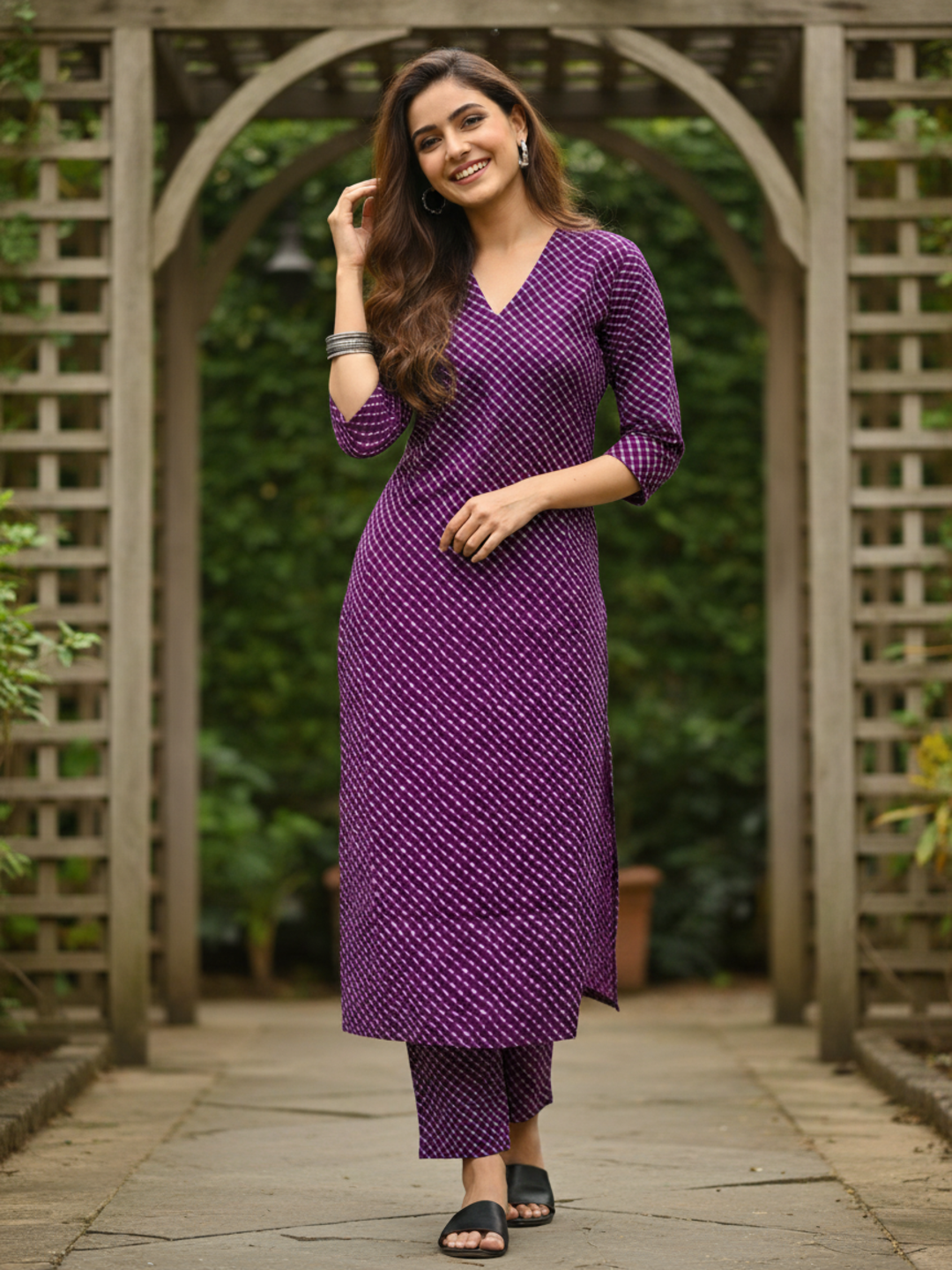 Purple Leheriya Printed Straight Kurta with Palazzo
