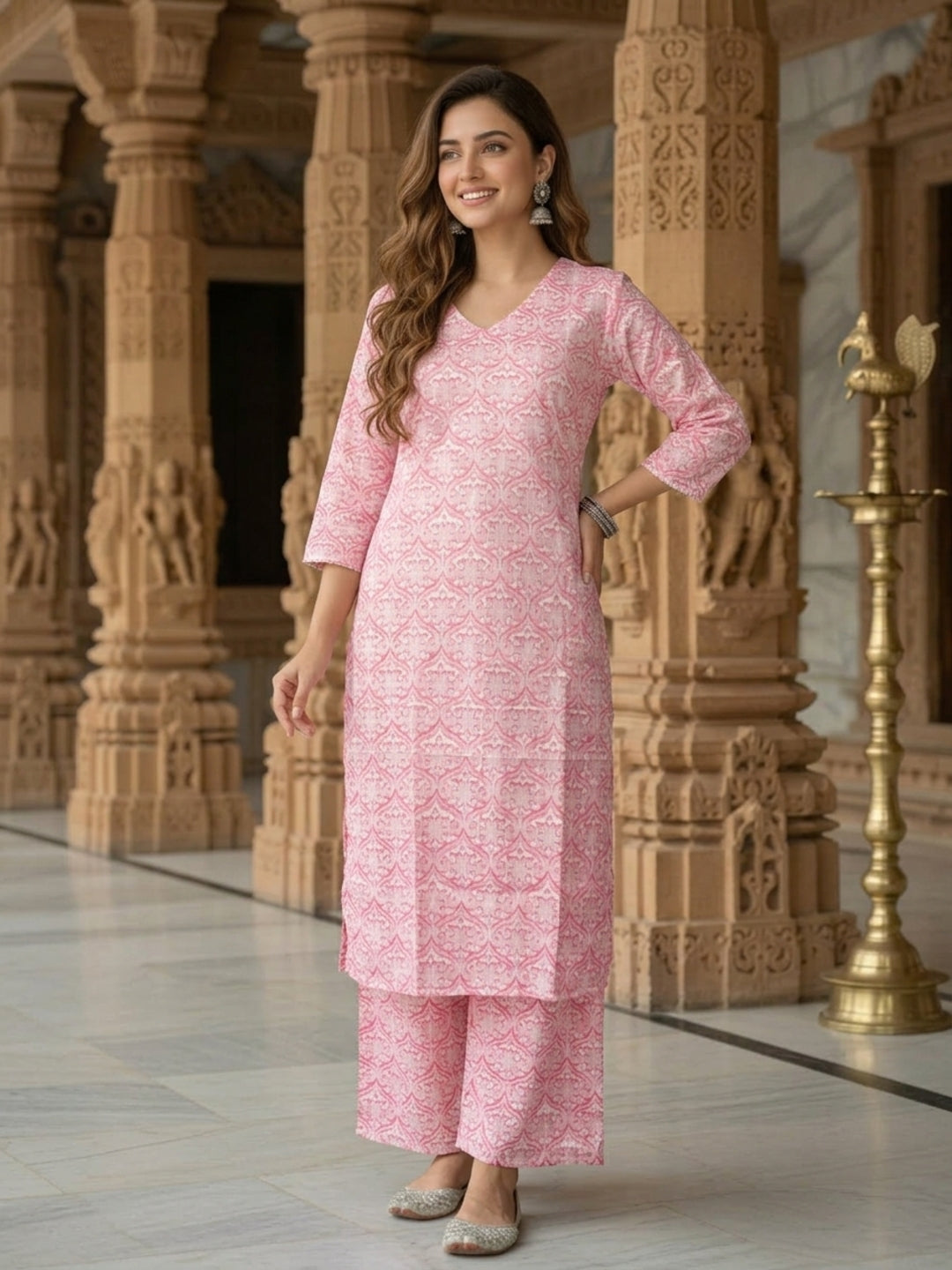 Floral Jacquard Woven Straight Kurta with Palazzo - Pink