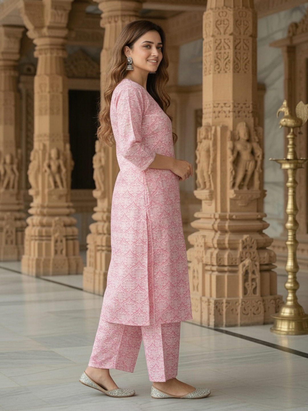Floral Jacquard Woven Straight Kurta with Palazzo - Pink