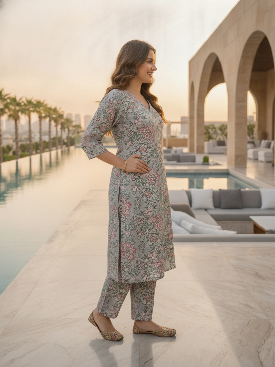 Grey Floral Jaal Printed Straight Kurta with Palazzo