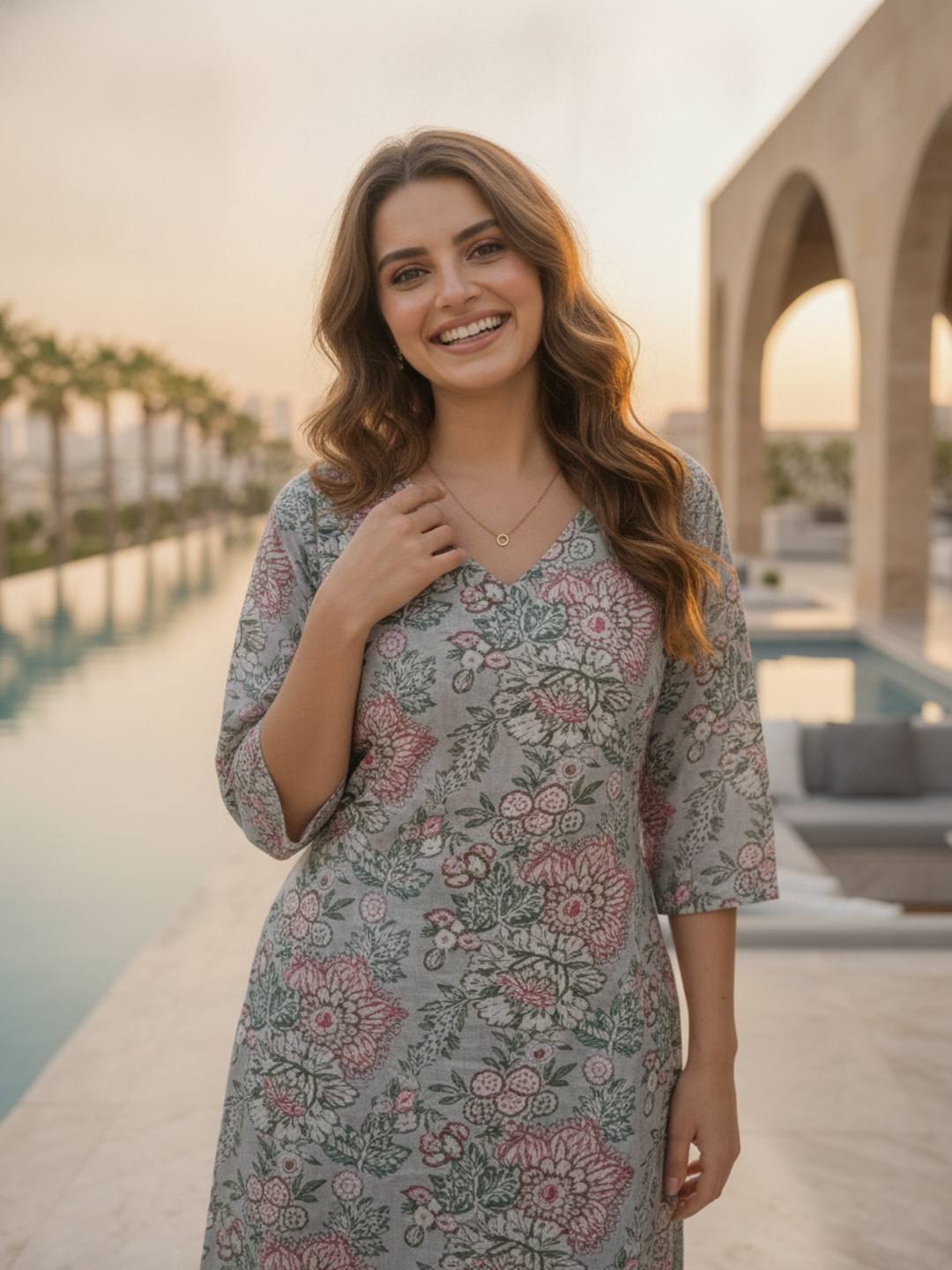 Grey Floral Jaal Printed Straight Kurta with Palazzo