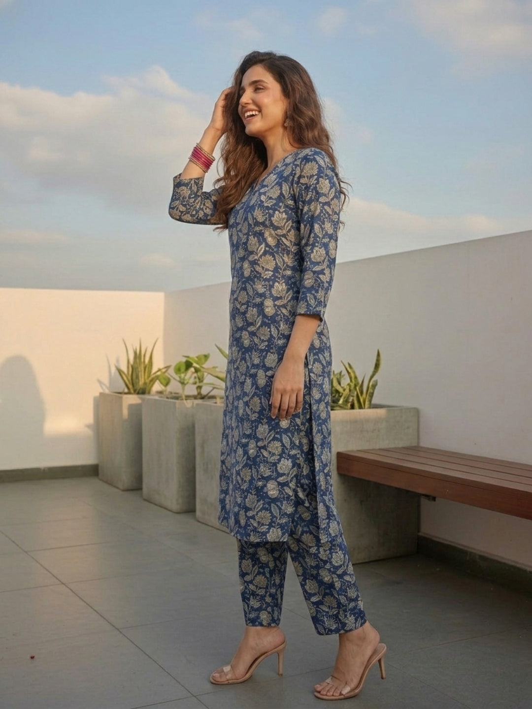 Navy Blue Kalamkari-Inspired Jaal Printed Straight Kurta with Palazzo
