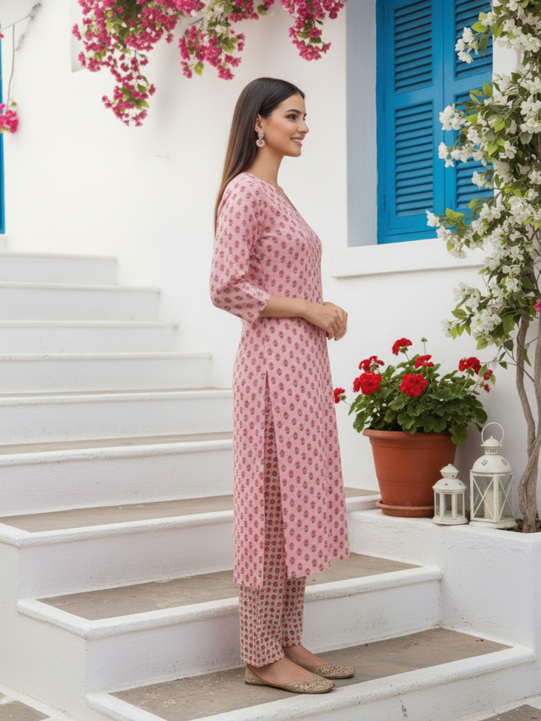 Pastel Pink Boota Printed Straight Kurta with Palazzo