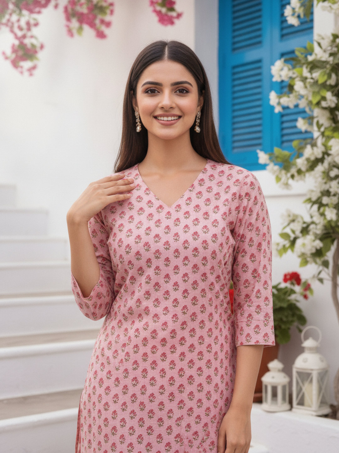 Pastel Pink Boota Printed Straight Kurta with Palazzo