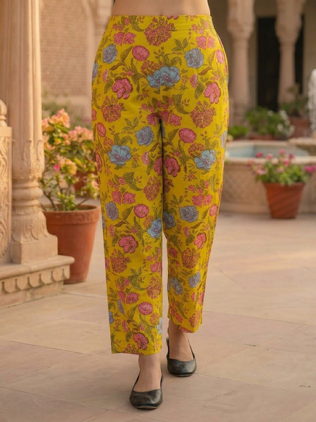 Floral Jaal Print Straight Kurta with Palazzo - Mustard