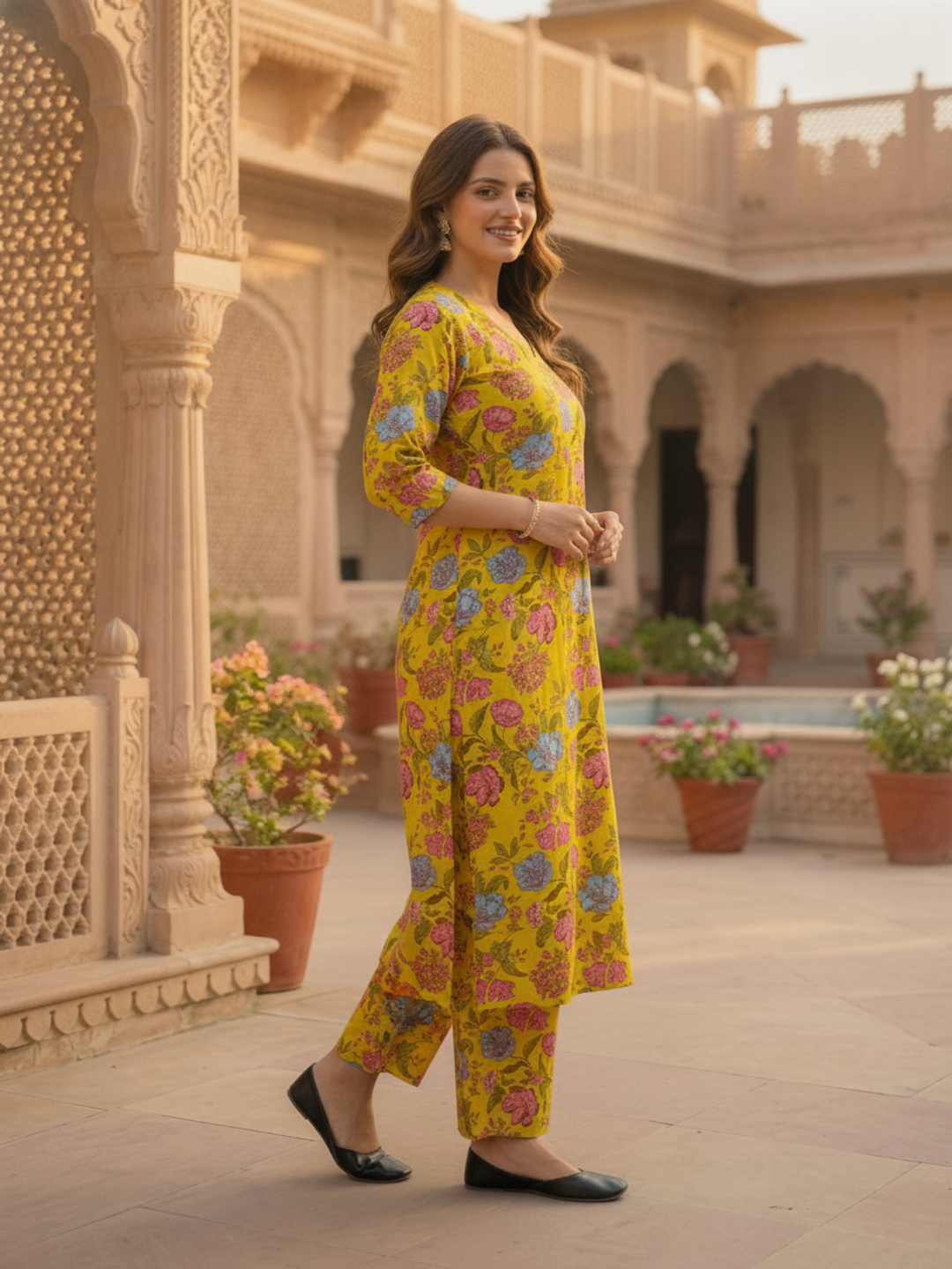 Floral Jaal Print Straight Kurta with Palazzo - Mustard