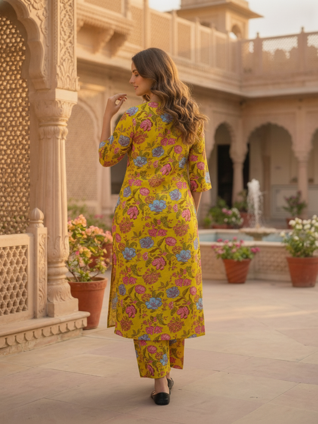 Floral Jaal Print Straight Kurta with Palazzo - Mustard