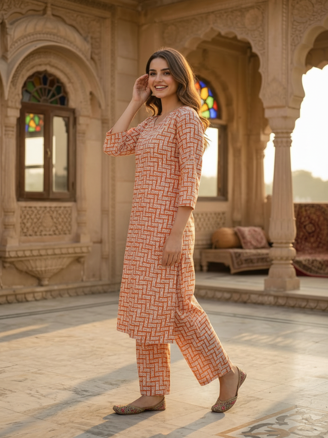 Orange Abstract Printed Straight Kurta with Palazzo