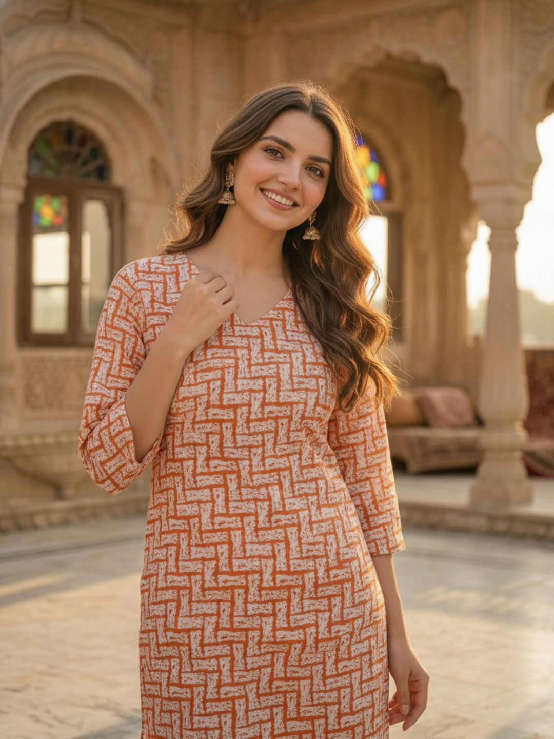 Orange Abstract Printed Straight Kurta with Palazzo