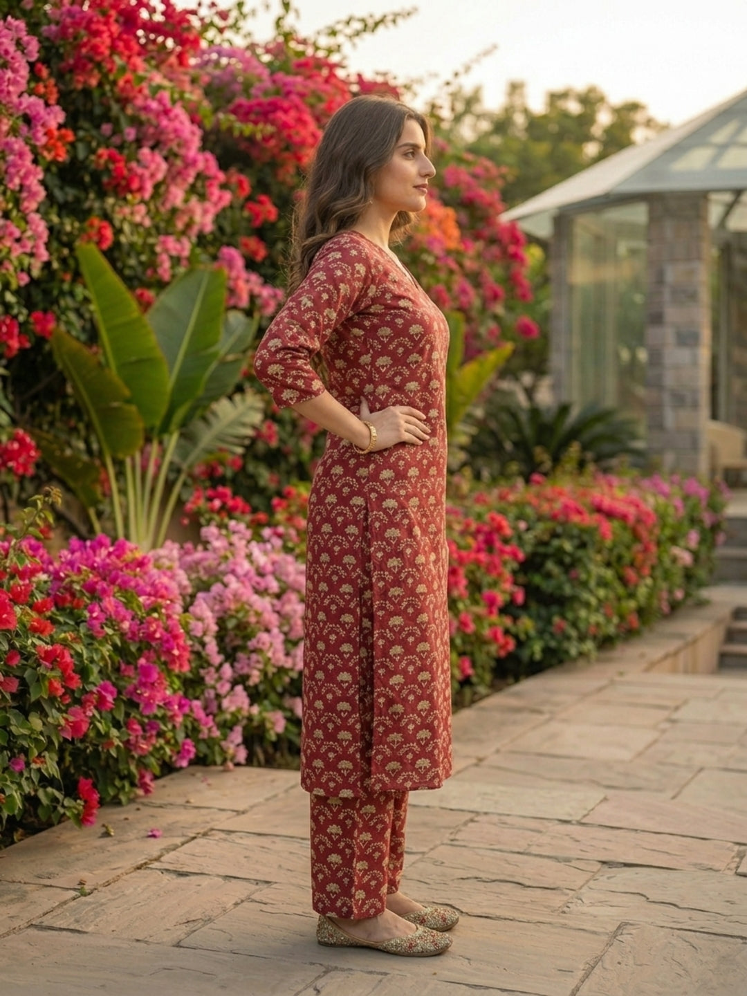 Maroon Jharokha Ethnic Printed Straight Kurta with Palazzo