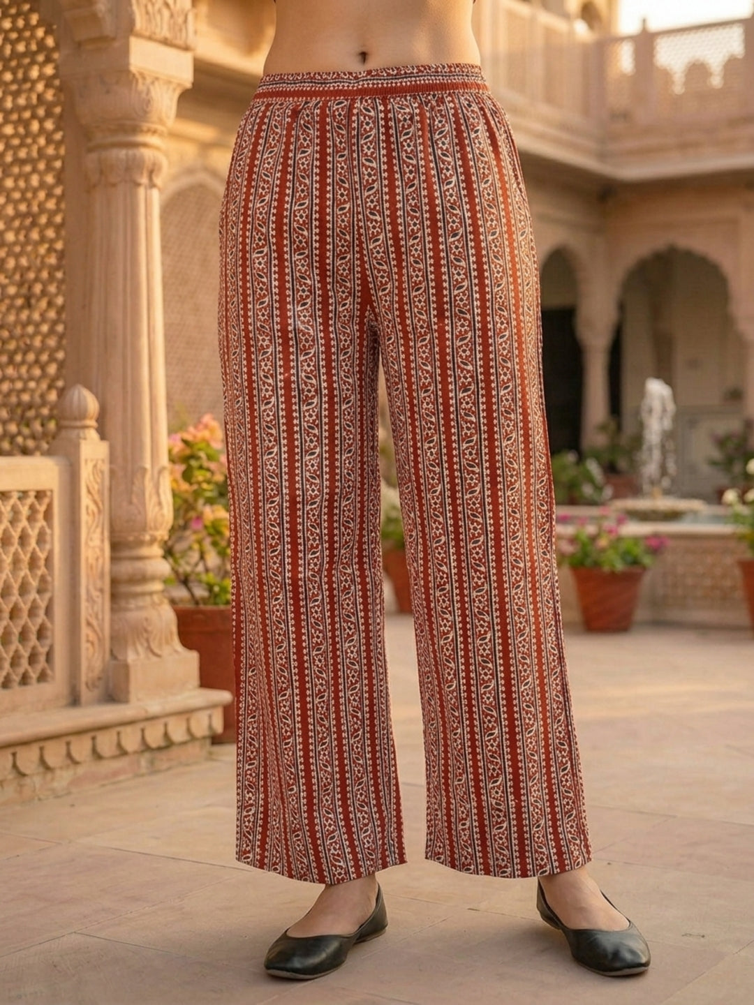 Maroon Ethnic Border Printed Straight Kurta with Palazzo