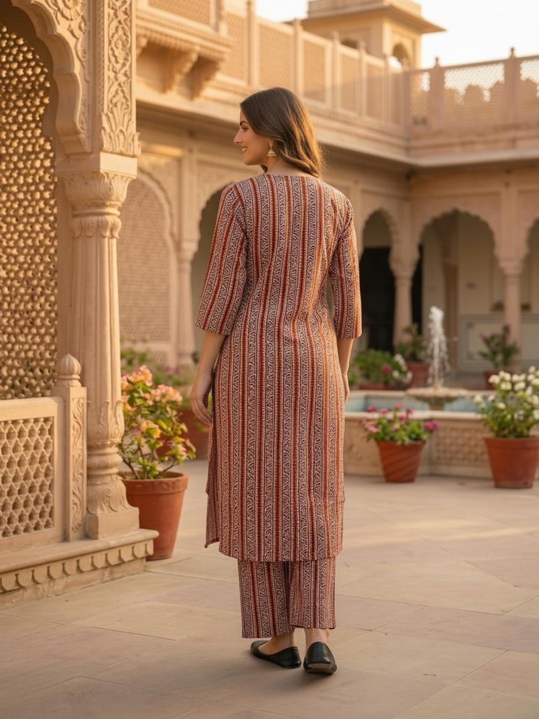 Maroon Ethnic Border Printed Straight Kurta with Palazzo