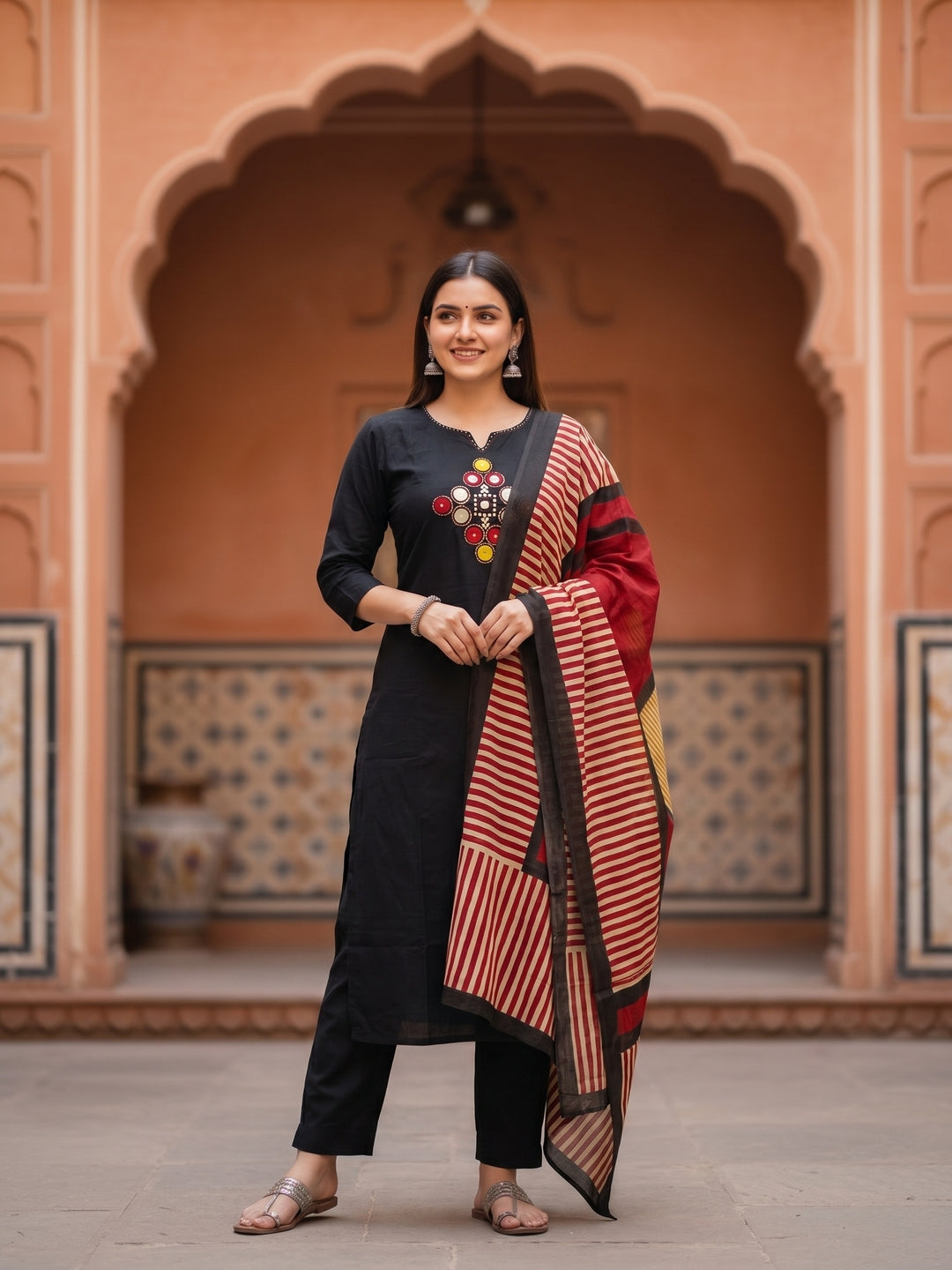 Black Rabari-Inspired Embroidered Straight Kurta with Pyjama & Geometric Printed Dupatta