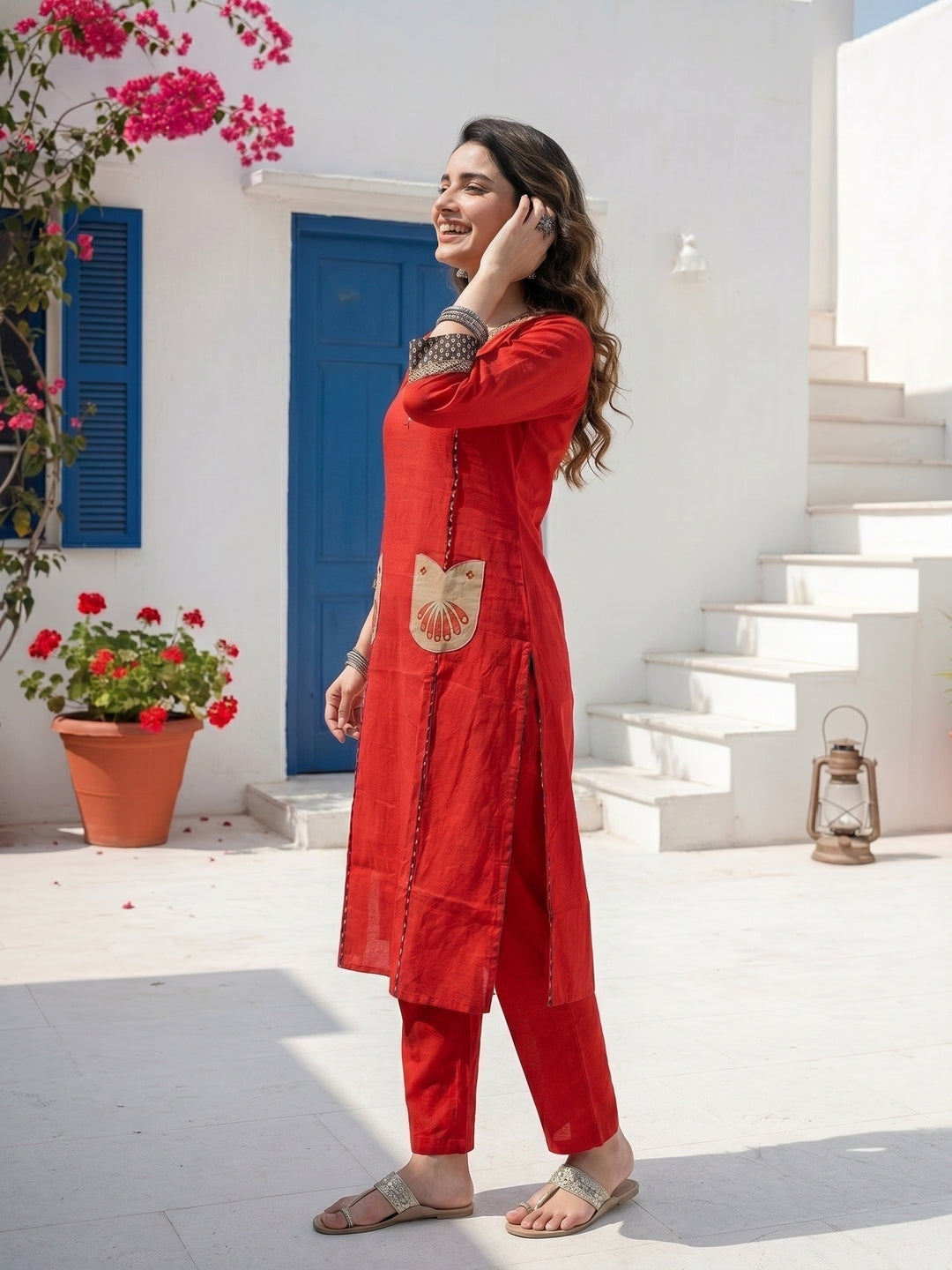 Maroon Solid Mirror Work A-Line Kurta with Pyjama & Printed Dupatta