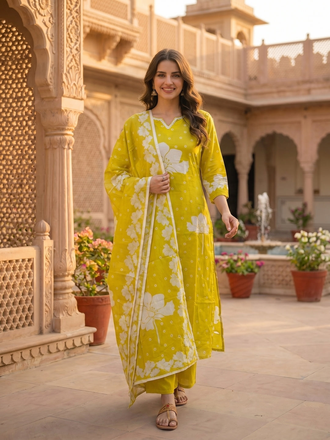 Lime Green Floral Printed Mirror Work Straight Kurta with Pant & Dupatta