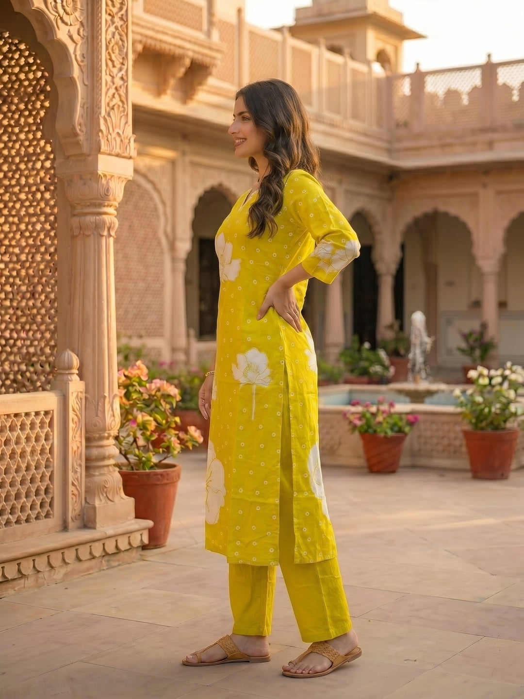 Lime Green Floral Printed Mirror Work Straight Kurta with Pant & Dupatta