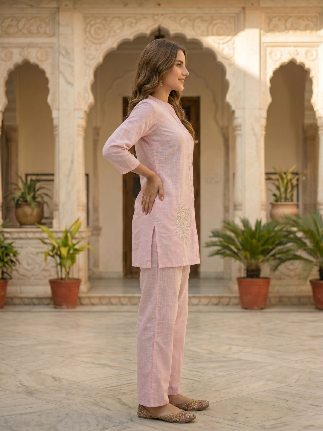 Solid Floral Cord Work Embroidered Straight Fit Co-ord Set - Pink