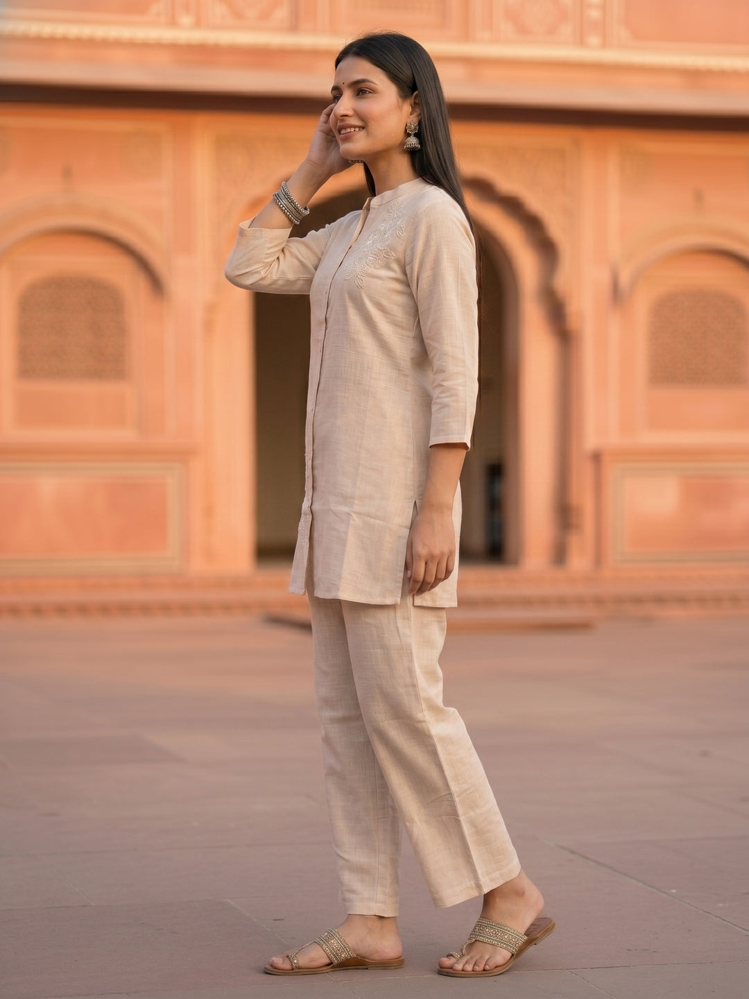 Floral Thread Embroidered Straight Kurta Co-ord Set with Straight Pants - Ivory