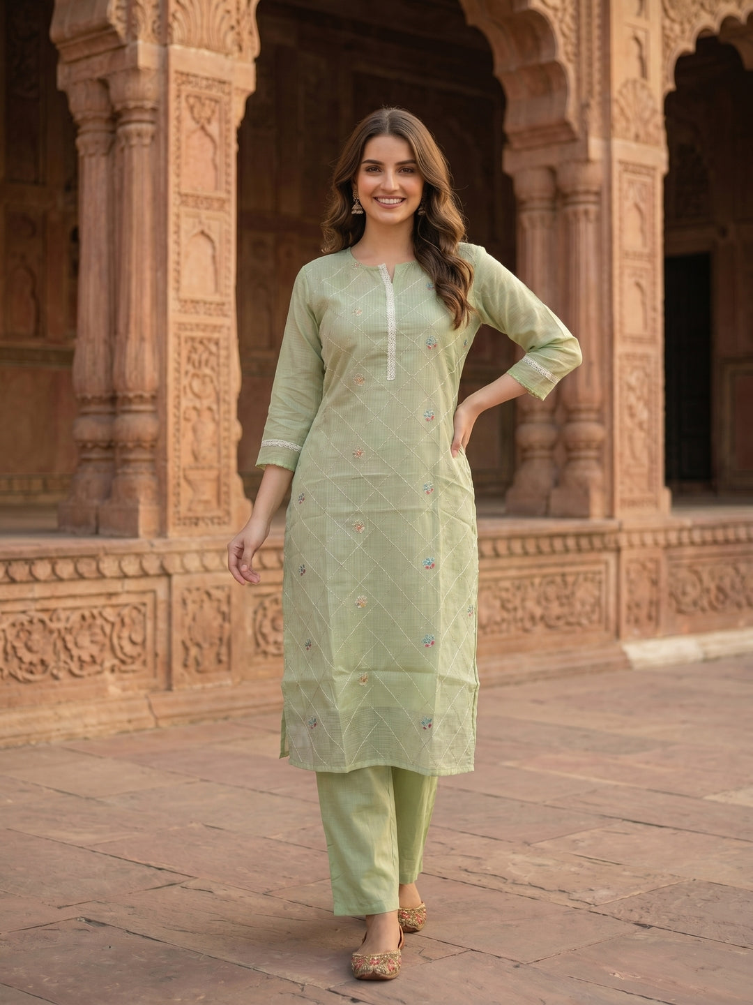 Solid Floral Embroidered Straight Kurta with Pant and Dupatta - Pista Green