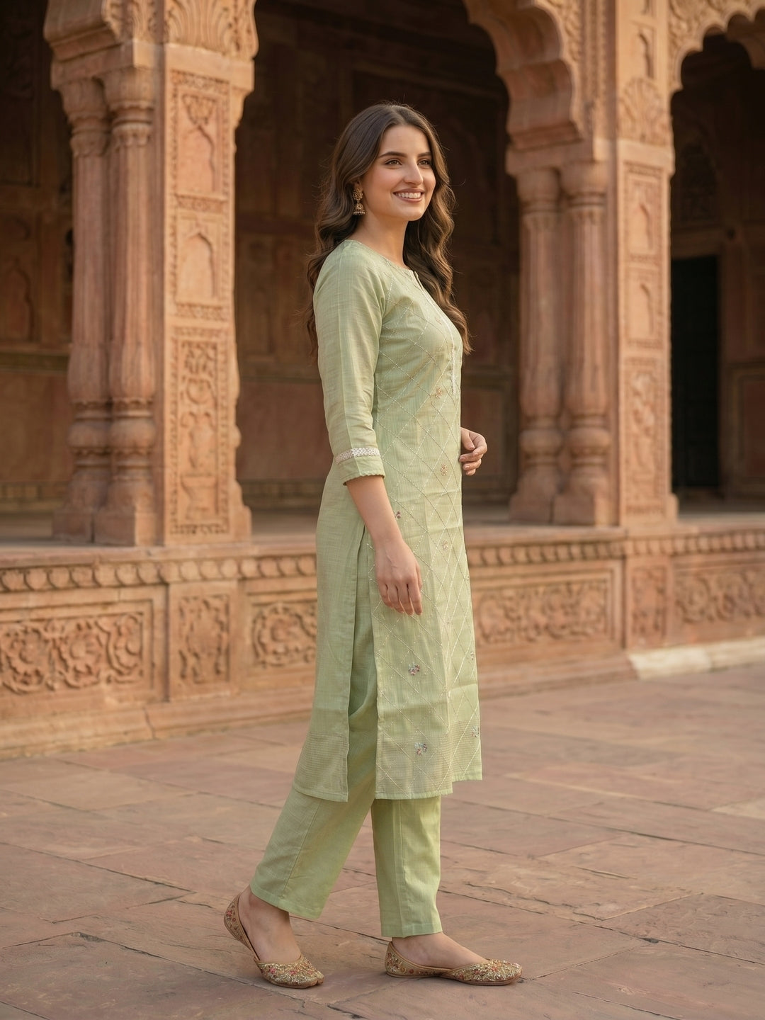 Solid Floral Embroidered Straight Kurta with Pant and Dupatta - Pista Green