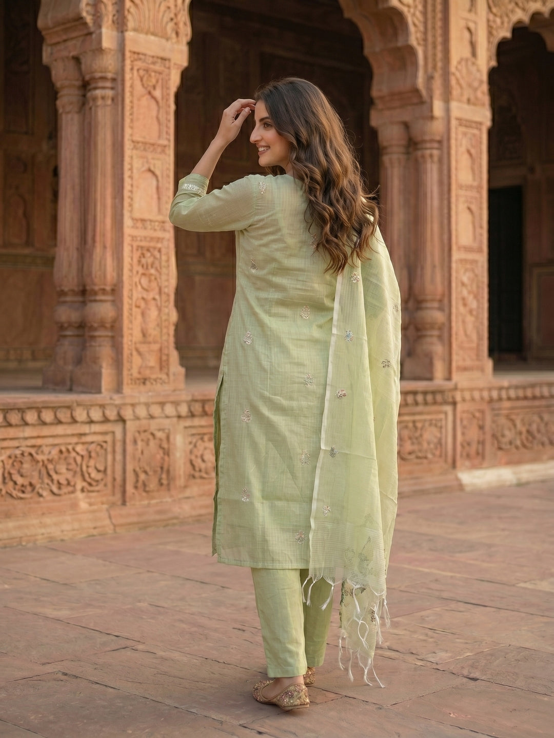 Solid Floral Embroidered Straight Kurta with Pant and Dupatta - Pista Green