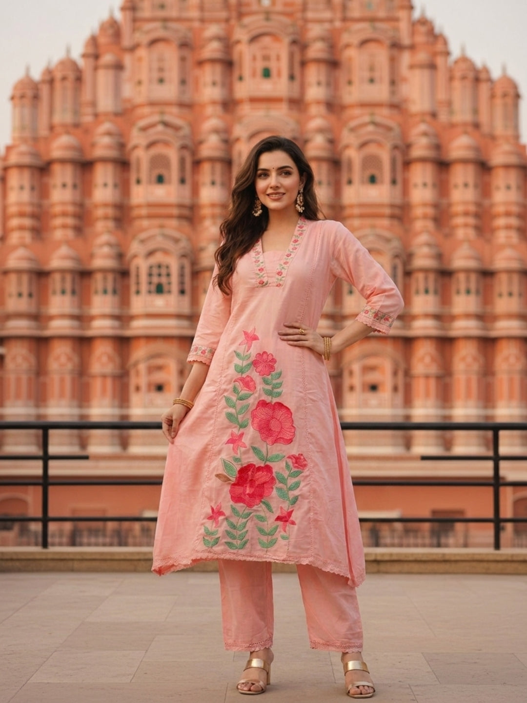 Solid Floral Embroidered A-Line Mulmul Kurta with Palazzo and Dupatta - Pink