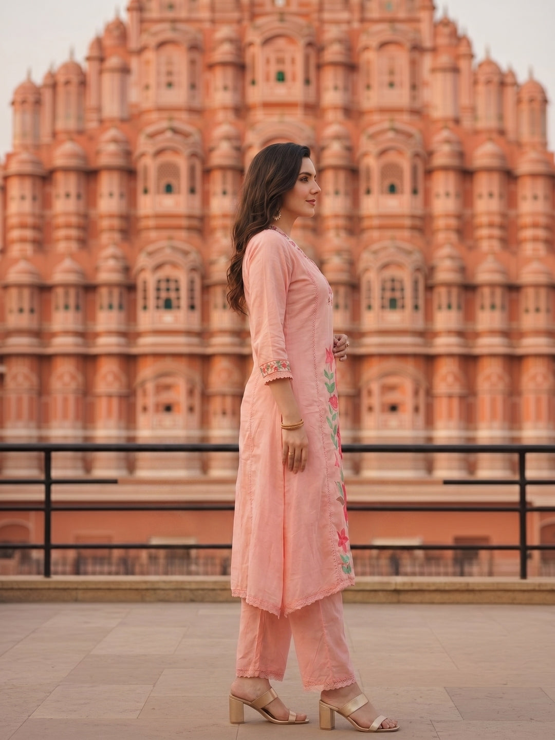 Solid Floral Embroidered A-Line Mulmul Kurta with Palazzo and Dupatta - Pink