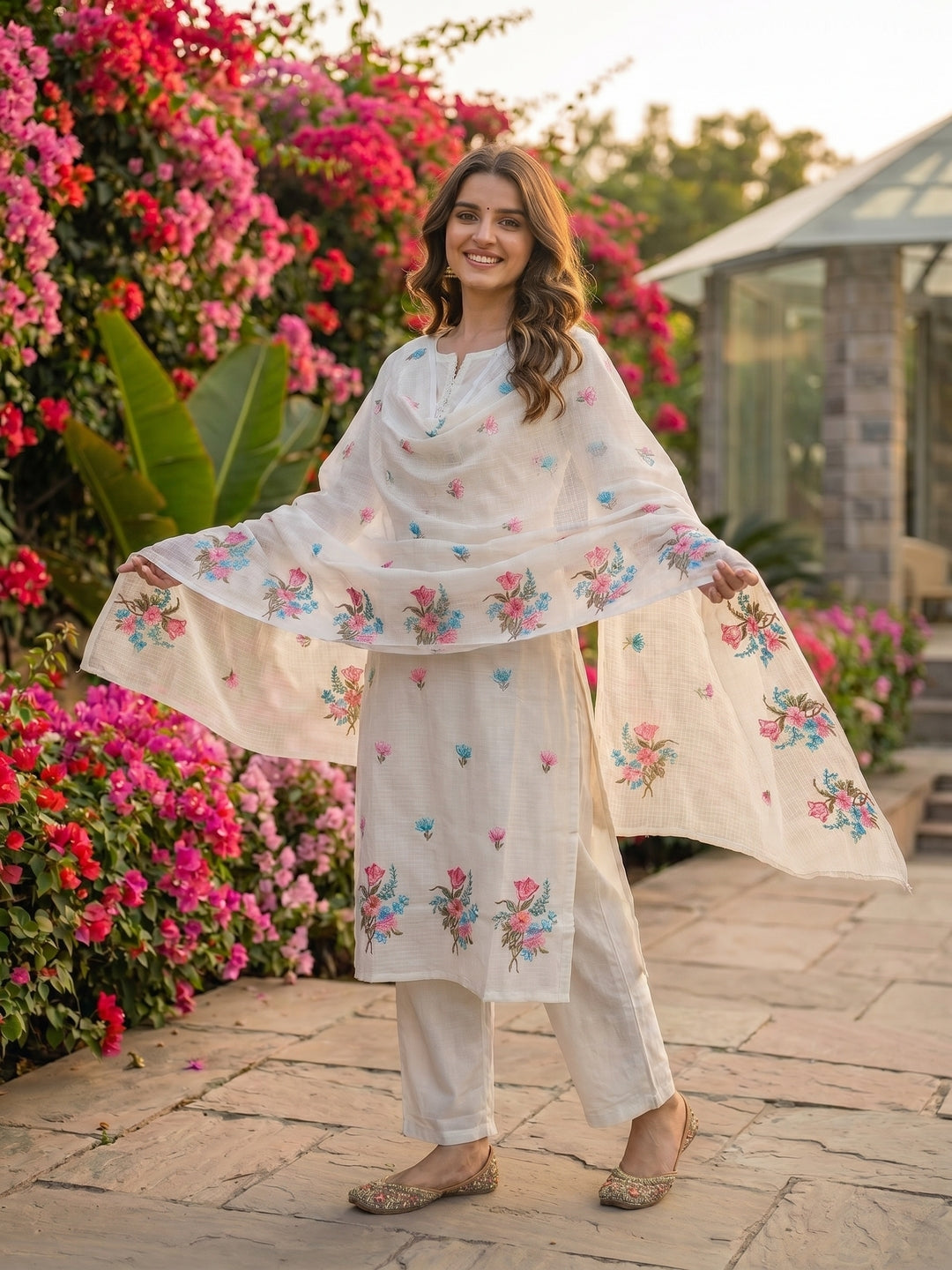 Solid Floral Embroidered Straight Kurta with Pant and Dupatta - White