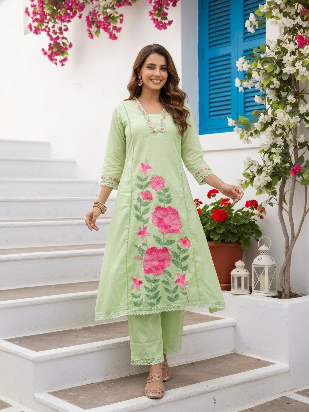 Solid Floral Embroidered A-Line Mulmul Kurta with Palazzo and Dupatta - Pista Green