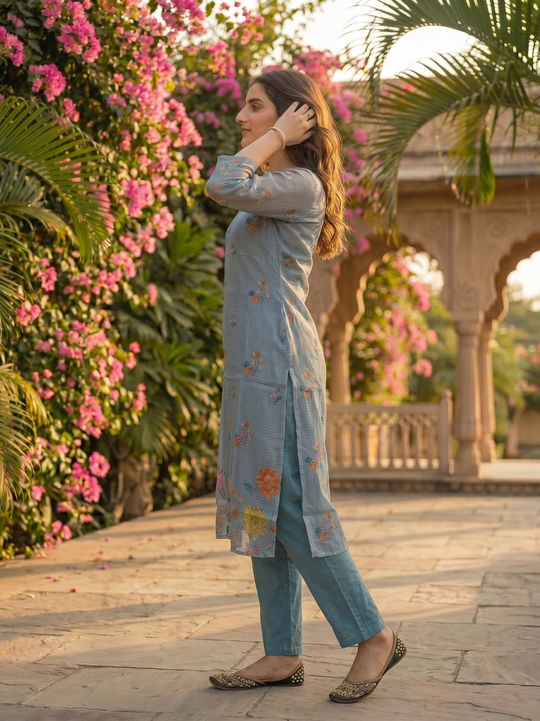 Floral Printed Straight Kurta with Palazzo and Dupatta - Sky Blue