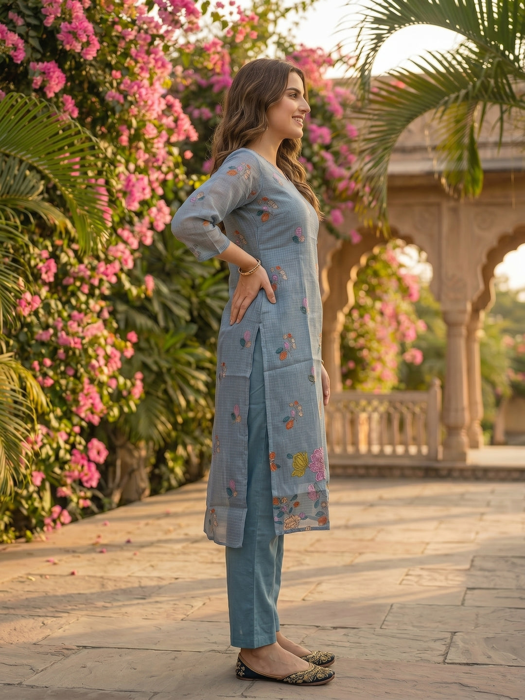 Floral Printed Straight Kurta with Palazzo and Dupatta - Sky Blue