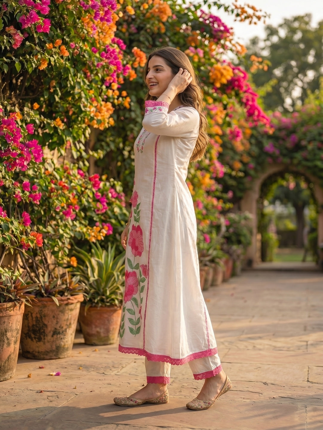 Solid Floral Embroidered A-Line Mulmul Kurta with Palazzo and Dupatta - White
