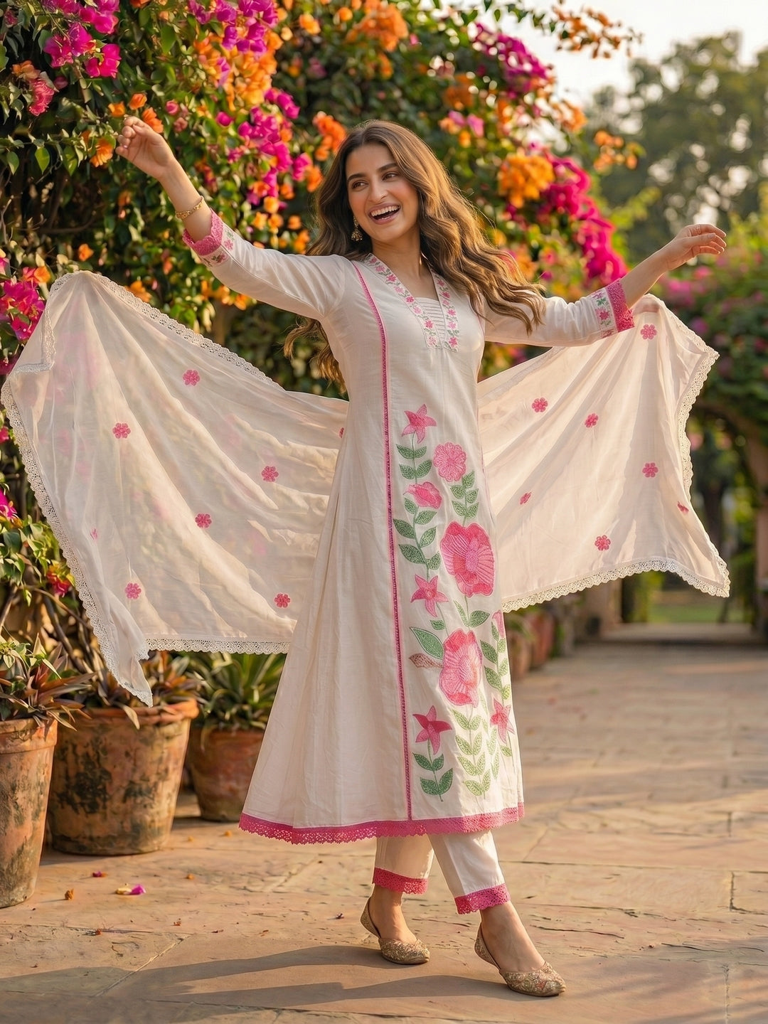 Solid Floral Embroidered A-Line Mulmul Kurta with Palazzo and Dupatta - White