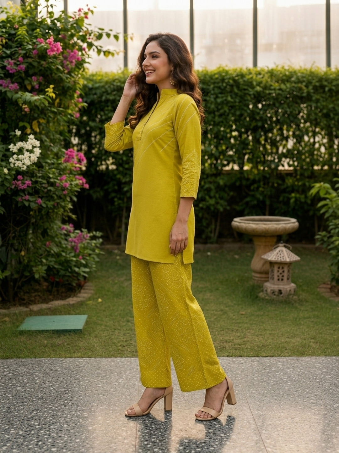 Lime Green Leheriya Printed Straight Kurta with Bandhej-Inspired Pyjama