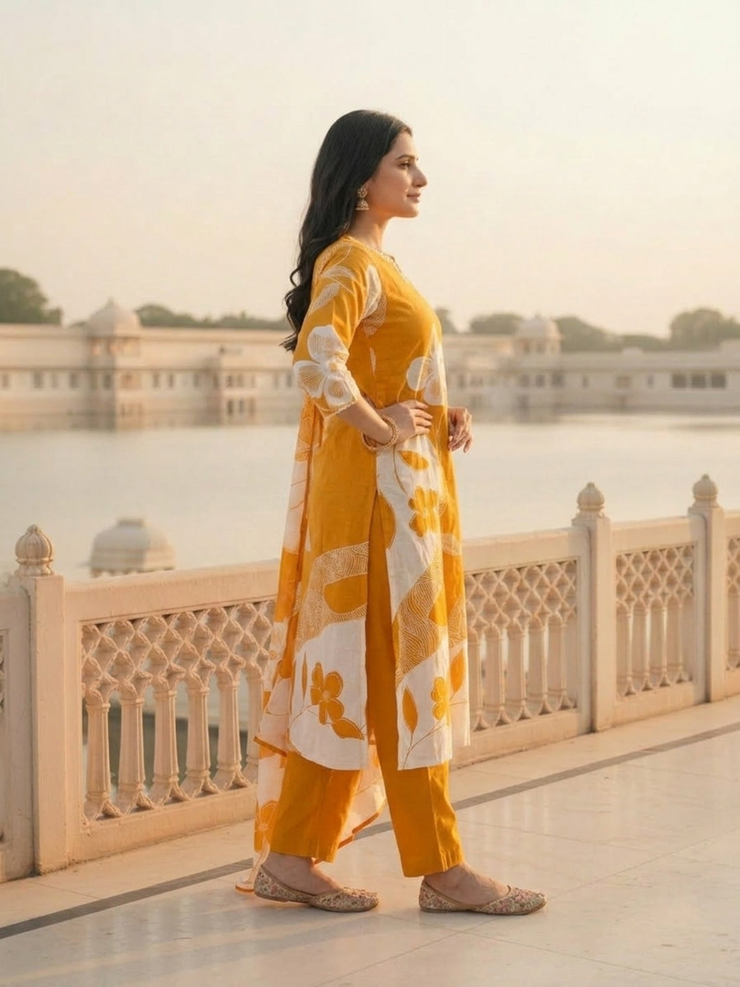Mustard Floral Printed Mirror Work Straight Kurta with Pant & Dupatta