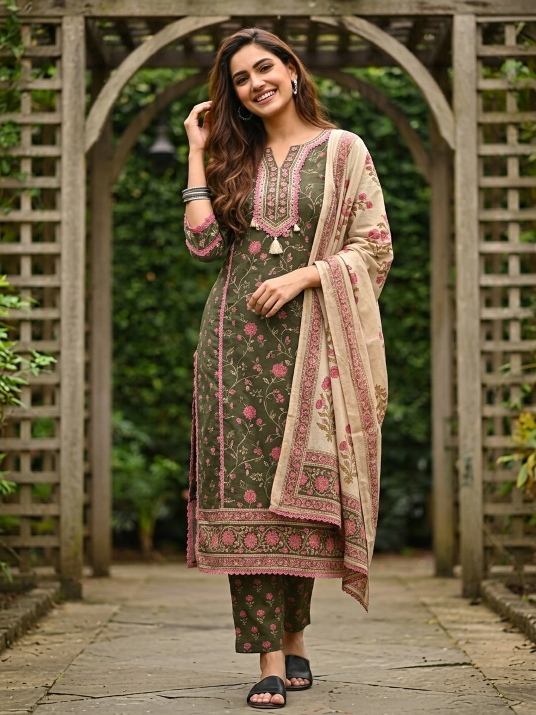 Green Ethnic Floral Printed Embroidered Straight Kurta with Palazzo & Dupatta